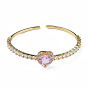 Bracelet manchette ouvert coeur zircone cubique, bijoux en laiton plaqué or véritable 18k pour femmes