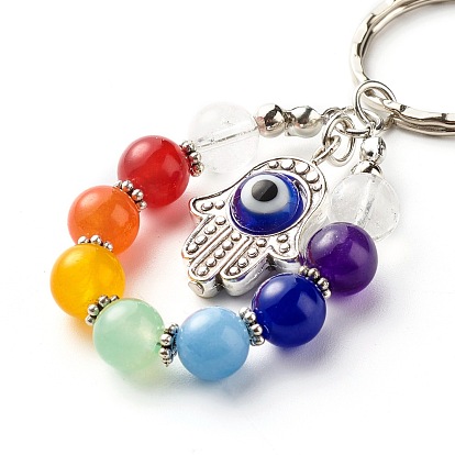 Tibetan Style Alloy Frame Keychain, with Handmade Evil Eye Lampwork Bead and Natural Mixed Stone, Iron Findings and Tiger Tail Wire, Hamsa Hand & Round & Evil Eye