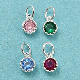 925 Sterling Silver Charms, with Cubic Zirconia, Faceted Flat Round, Silver