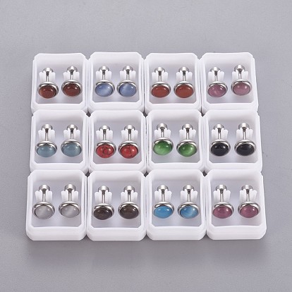 304 Stainless Steel Earlobe Plugs, Screw Back Earrings, with Synthetic Gemstone and Cat Eye, Half Round
