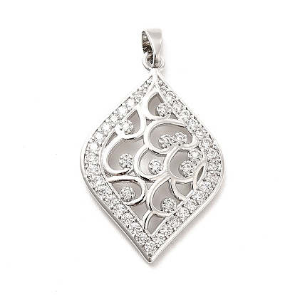 Brass Micro Pave Clear Cubic Zirconia Pendants, Leaf Charm, Real Platinum Plated