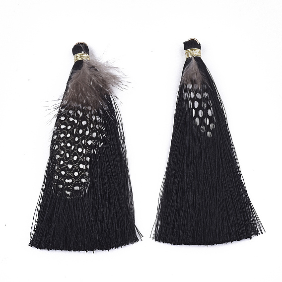 Polyester Tassel Big Pendant Decorations, with Feather and Iron Findings