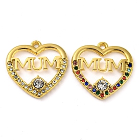 Ion Plating(IP) Real 18K Gold Plated 304 Stainless Steel Rhinestone Pendants, Heart with Word Mum Charms, for Mother's Day