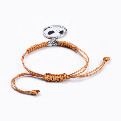 Adjustable Korean Waxed Polyester Cord Braided Bead Bracelets, with Alloy Enamel Pendants, Skull Face