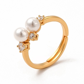 Shell Pearl Beaded Adjustable Ring with Clear Cubic Zirconia, Rack Plating Brass Jewelry for Women, Cadmium Free & Lead Free