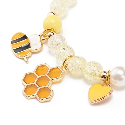 Bracelet extensible imitation perle acrylique, bracelet à breloques coeur d'abeille en alliage émaillé pour femme