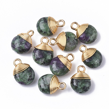 Natural Gemstone Pendants, with Golden Tone Brass Wires and Iron Loops, Half Drilled, Flat Round
