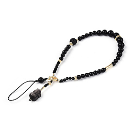 Natural Gold Obsidian & Limestine & Obsidian & Black Agate & Brass Mobile Phone Straps, for His-and-Hers Nylon Cord Mobile Accessories Decoration