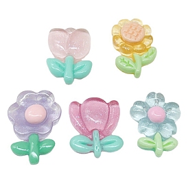 Translucent Resin Decoden Cabochons, Flower with Glitter Powder
