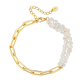 Natural Pearl Beaded Bracelets with 925 Sterling Silver Paperclip Chains, with S925 Stamp