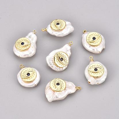 Pendentifs de perles d'eau douce de culture naturelle, avec accessoires zircon cubique micro pave en laiton, rond et plat avec des mauvais œil