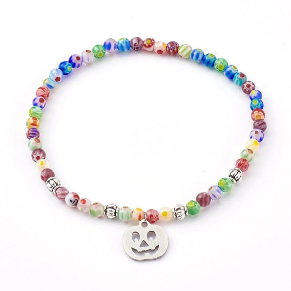 304 Stainless Steel Charm Stretch Bracelets for Halloween, with Alloy Beads and Millefiori Glass Beads, Pumpkin Jack-O'-Lantern