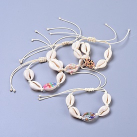 Adjustable Cowrie Shell Braided Bead Bracelets, with Eco-Friendly Korean Waxed Polyester Cord