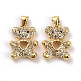 Brass Micro Pave Cubic Zirconia Pendants, Real 18K Gold Plated, Lead Free & Cadmium Free, Bear with Hollow Heart