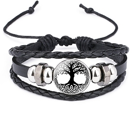 Cowhide & Imitation Leather Triple Layer Multi-strand Bracelets, Alloy Glass Rune Words Odin Norse Viking Amulet Adjustable Bracelet