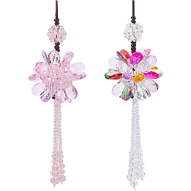 CRASPIRE 2Pcs 2 Colors Glass Beaded Flower Suncatchers, Tassel Pendant Decorations, with Polyester Thread, for Home, Car Interior Ornament
