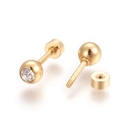 304 Stainless Steel Earlobe Plugs, Screw Back Earrings, with Rhinestone, Flat Round