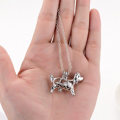 Alloy Dog Cage Pendant Necklace with Synthetic Luminaries Stone, Glow In The Dark Jewelry for Women