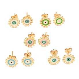 Sun with Evil Eye Real 18K Gold Plated Brass Stud Earrings, with Enamel