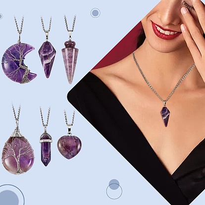 6Pcs 6 Style Natural Amethyst Pendants, with Platinum Tone Brass & Alloy Findings, Mixed Shapes