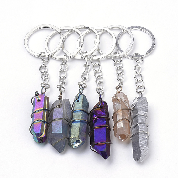 Rainbow Plated Natural Crystal Quartz Keychain, with Iron Findings, Nuggets