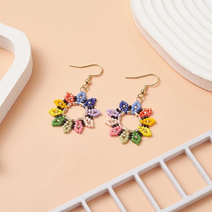 Glass Seed Beaded Sunflower Dangle Earrings, Real 18K Gold Plated 304 Stainless Steel Jewelry for Women