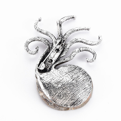 Octopus Shape Natural Conch Shell Fossil Brooch Pin, Alloy Lapel Pin for Backpack Clothing, Lead Free & Cadmium Free, Antique Silver