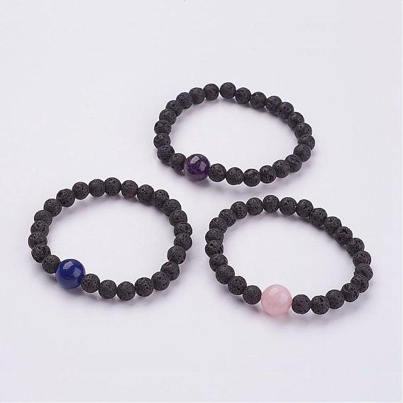 Bracelets extensibles perlés en pierre de lave naturelle, avec des perles naturelles de pierres précieuses