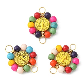 Synthetic Turquoise Dyed Beaded Copper Wire Wrapped Connector Charms, Sunflower Links, with Golden Plated Alloy Beads