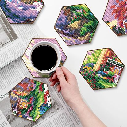 Bricolage fleur/paysage motif tasse tapis kits de peinture au diamant, y compris les sous-verres hexagonaux, strass de résine, stylo collant diamant, plaque de plateau et pâte à modeler