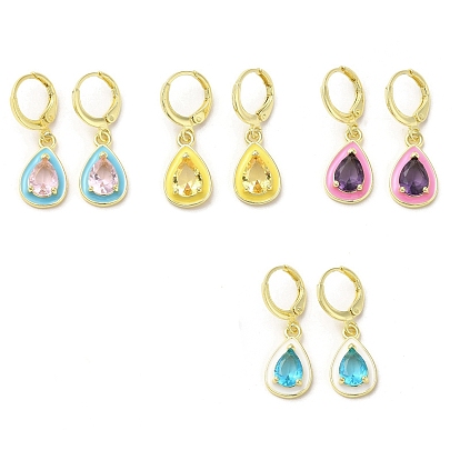 Teardrop Real 18K Gold Plated Brass Dangle Leverback Earrings, with Enamel and Glass