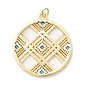Rack Plating Brass Micro Pave Clear & Cyan Cubic Zirconia Pendants, Cadmium Free & Nickel Free & Lead Free, Long-Lasting Plated, Flat Round with Hollow Rhombus