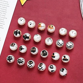 Halloween Resin Imitation Pearl Beads, Enamel Style, Round with Pattern