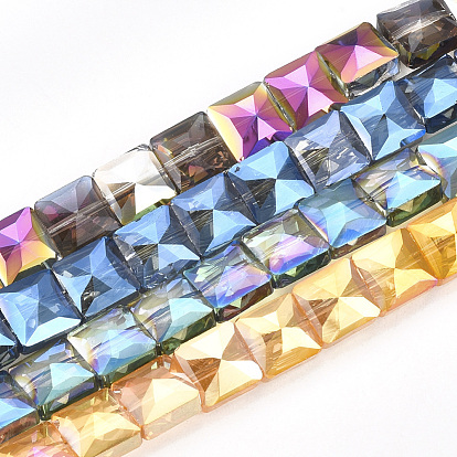 Electroplate Glass Beads Strands, Faceted, Square