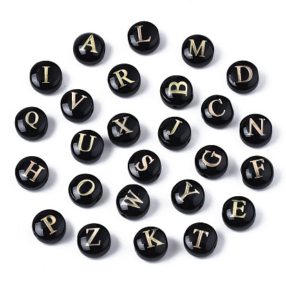 Handmade Lampwork Beads, with Golden Plated Brass Etched Metal Embellishments, Flat Round with Alphabet