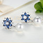 Platinum Plated Brass Flower Cubic Zirconia Stud Earrings, with Round Shell Pearl, 13x13mm, Pin: 0.8mm