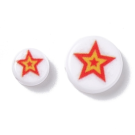 Opaque Printed Acrylic Beads, Flat Round with Star