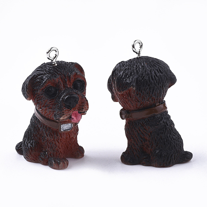 Resin Puppy Pendants, with Platinum Tone Iron Findings, Dog