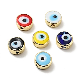 Handmade Evil Eye Lampwork Beads, with Brass Findings, Flat Round