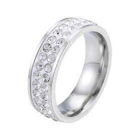 Crystal Rhinestone Double Line Finger Ring, 201 Stainless Steel Jewelry for Women