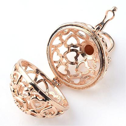 Rack Plating Brass Cage Pendants, For Chime Ball Pendant Necklaces Making, Hollow Round with Heart