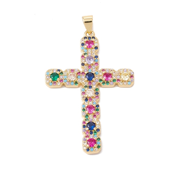 Rack Plating Brass Micro Pave Colorful Cubic Zirconia Pendants, with Junp Ring, Cadmium Free & Nickel Free & Lead Free, Cross