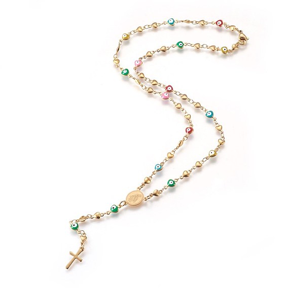Placage ionique (ip) 304 colliers de perles de chapelet en acier inoxydable, avec l'émail mauvais œil, ovale avec la Vierge Marie, croix