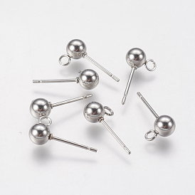 202 Stainless Steel Ball Stud Earring Findings, with 304 Stainless Steel Pins and Loop, Round