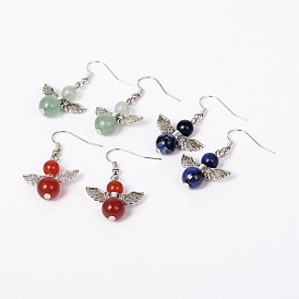 Angel Gemstone Dangle Earrings, with Tibetan Style Alloy Beads and Brass Earring Hooks, 40mm, Pin: 0.6mm