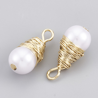 ABS Plastic Imitation Pearl Pendants, with Brass Wire, Drop, Real 18K Gold Plated