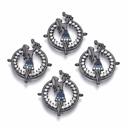 Mother's Day Theme, Brass Micro Pave Cubic Zirconia Links Connectors, Flat Round with Mother & Son, Blue & Clear