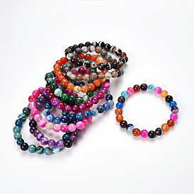 Natural Striped Agate/Banded Agate Beaded Stretch Bracelets, Dyed, Round