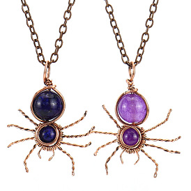 Natural & Synthetic Mixed Gemstone Spider Pendant Necklaces, with Red Copper Brass Chains