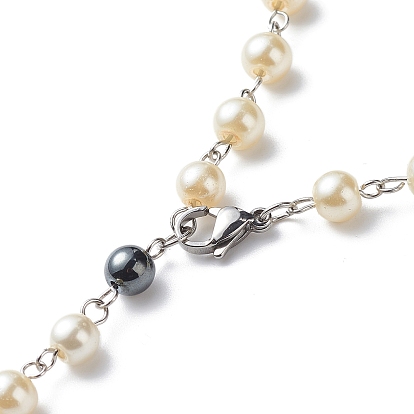 Colliers de perles de chapelet en hématite synthétique et verre pour femmes, colliers pendentifs en alliage croix de jésus